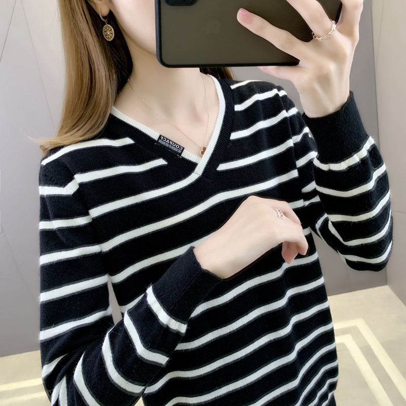 21205 (3 room 12 ranked no. 1) make striped v-neck sweater knitting render unlined upper garment [1231] 34 alx