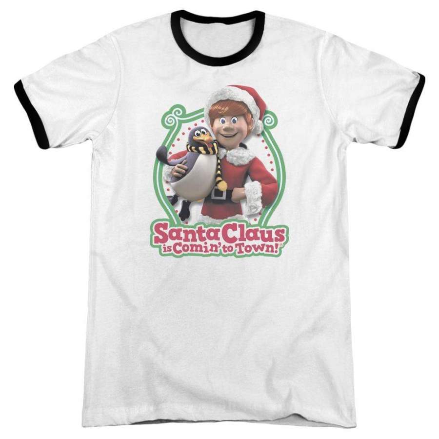 Santa Claus Is Comin to Town Penguin Men’s Ringer T-Shirt