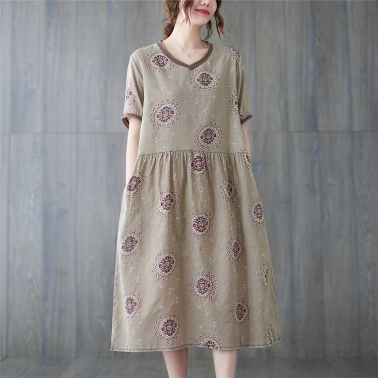 2022 New Arrival V-neck Patchwork Print Floral Cotton Linen Loose Cozy Fashion Women Casual Summer Dress Office Lady Work Dress alx