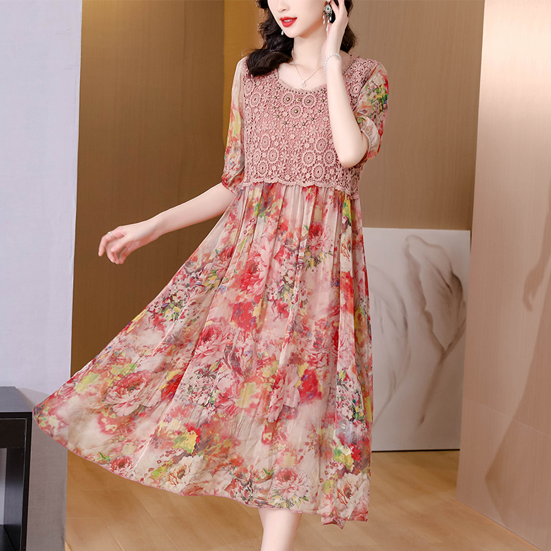 2022 New Floral Mulberry Silk Midi Dress Women Korean Vintage Casual Party Dress Summer Short Sleeve Elegant Loose Waist Dresses alx