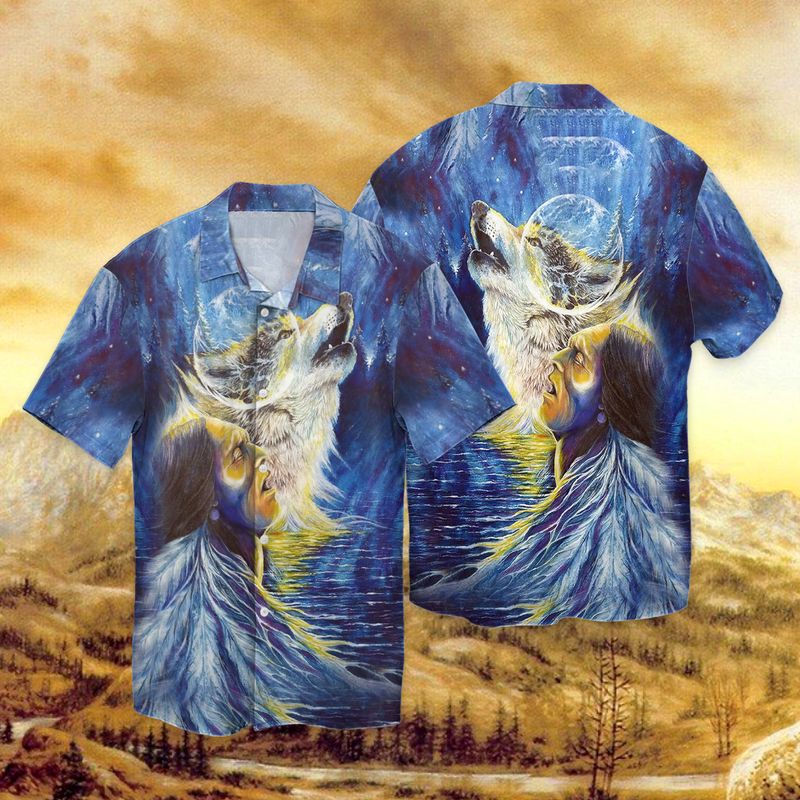 Native Wolf Under The Moon Full Print Hawaii Shirt Ha95490