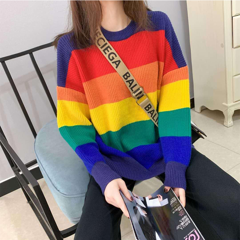 Blessyuki Oversized Knitted Rainbow Sweater Women Fashion Stripes Contrast Round Neck Pullover Sweater Casual Loose Cute Jumper alx