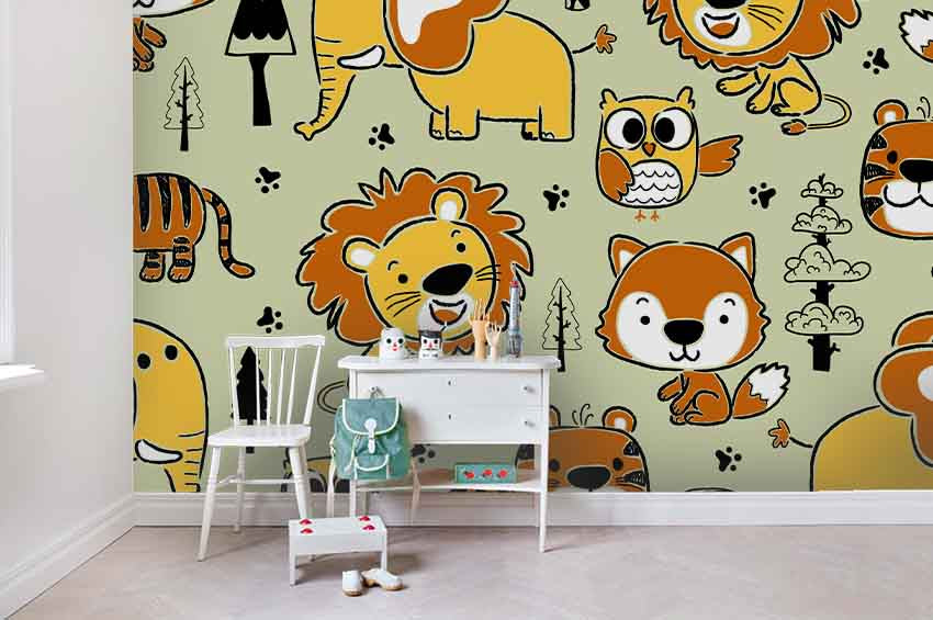 3D Cartoon Animal Lion Fox Wall Mural Wallpaper A208 Lqh