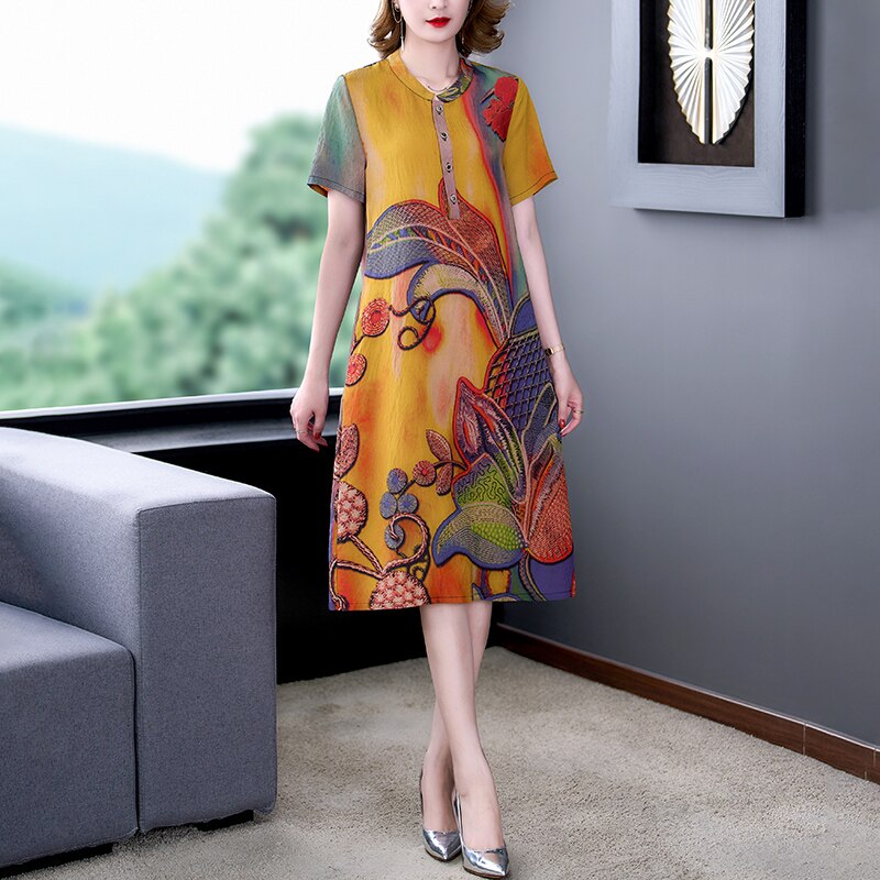 2022 Summer Floral Loose Plus Size Mulberry Silk Dress Vintage Casual Chiffon Midi Dress Women Elegant Bodycon Party Vestidos alx