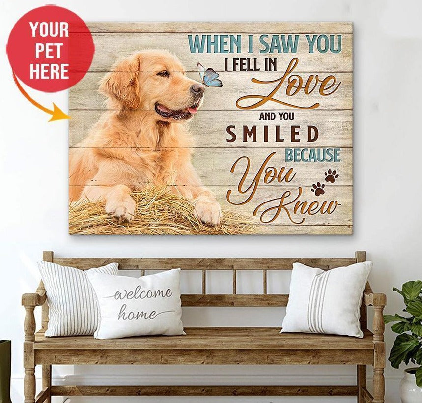 Personalized Photo Upload Yourself, Relatives Custom Canvas, Poster Wall Art Golden Retriever Wall Hanging When I Saw You I Fall In Love