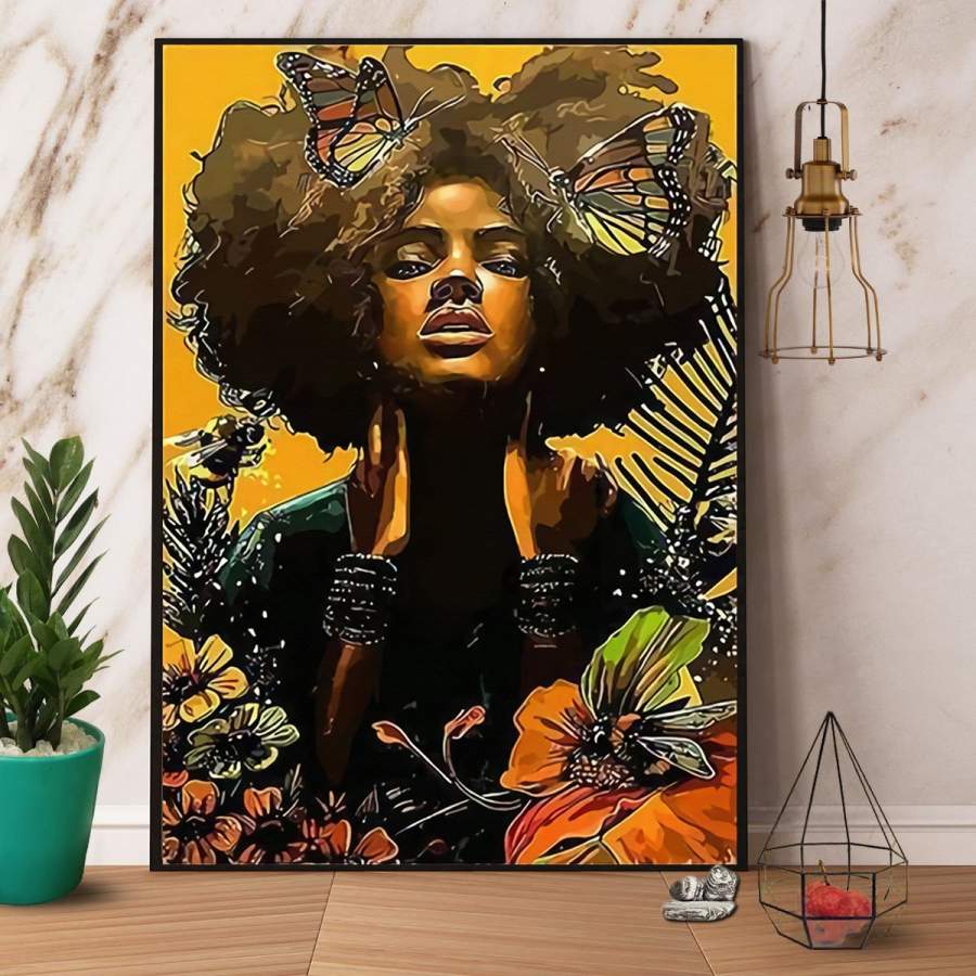 African american black queen girl butterflies black lives matter vertical paper poster no frame/ wrapped canvas wall decor