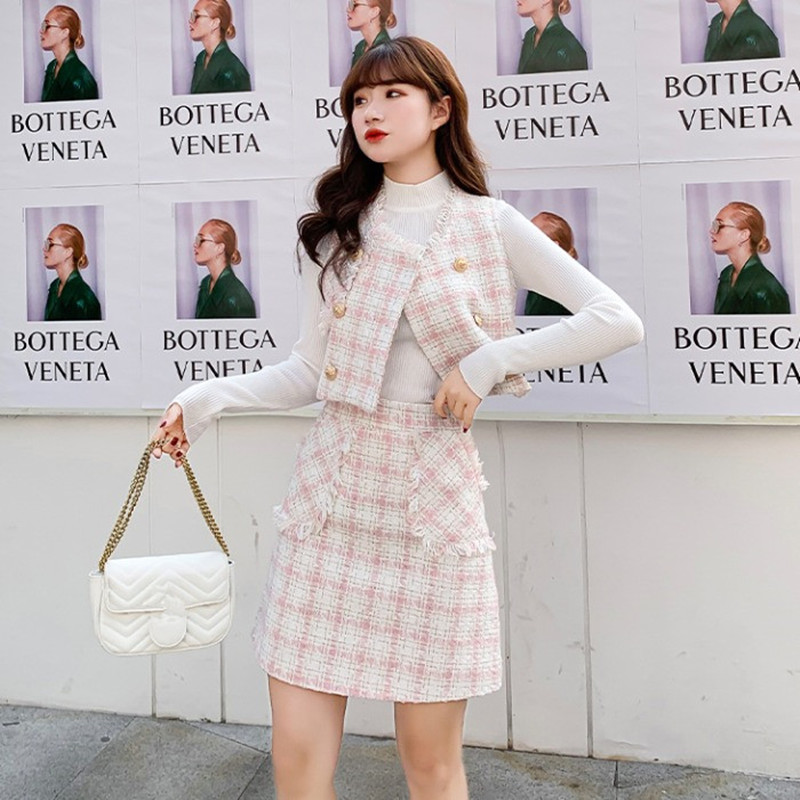 Autumn Winter Sweet Wool Clothing Suit Women Plaid Golden Double Breasted Tweed Vest Crop Top + High Waist Pocket Mini Skirt Set alx