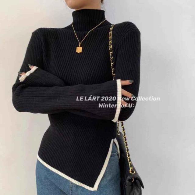 Turtleneck Women Sweater 2022 Autumn Winter New Side Slit Pullover Tops Korean Fashion Knit Sweaters Long Flare Sleeve Basic alx