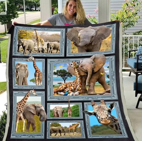 3D Elephant And Giraffe, Elephant And Giraffe Fleece Blanket, Gift For Elephant’S Lover, Gift For Giraffe’S Lover