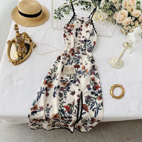 2019 new fashion women’s dresses Printed Slim Vintage Sexy Split Dress alx