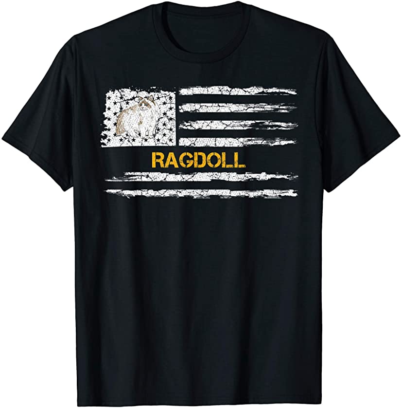 Vintage USA American Flag Ragdoll Cat Funny Kitty Kitten Tee T-Shirt