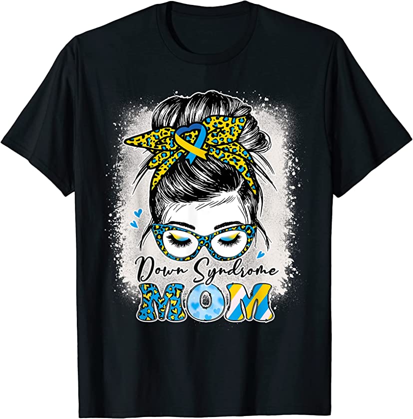 Womens Messy Bun Leopard Pattern Down Syndrome Mom T-Shirt