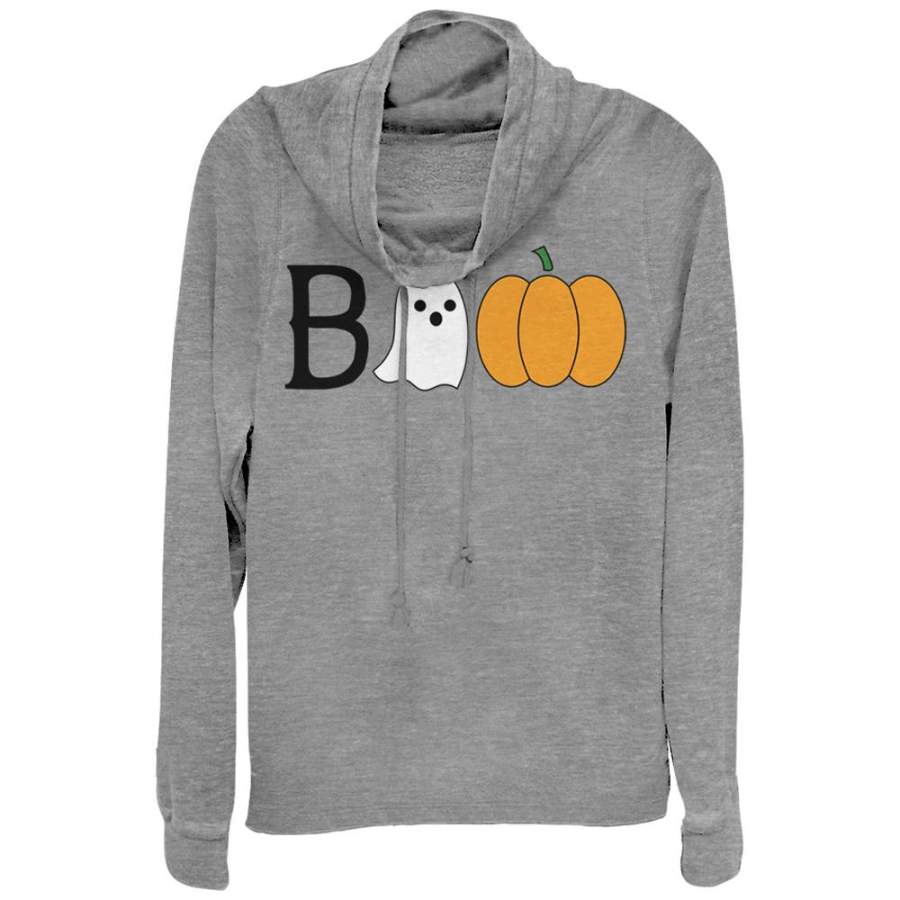 CHIN UP Junior’s Halloween Ghost and Pumpkin Boo  Cowl Neck Sweatshirt Gray Heather S