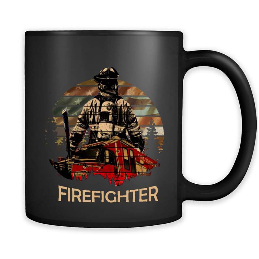 Firefighter, Retro Vintage Desing, American Flag – Full-Wrap Coffee Black Mug