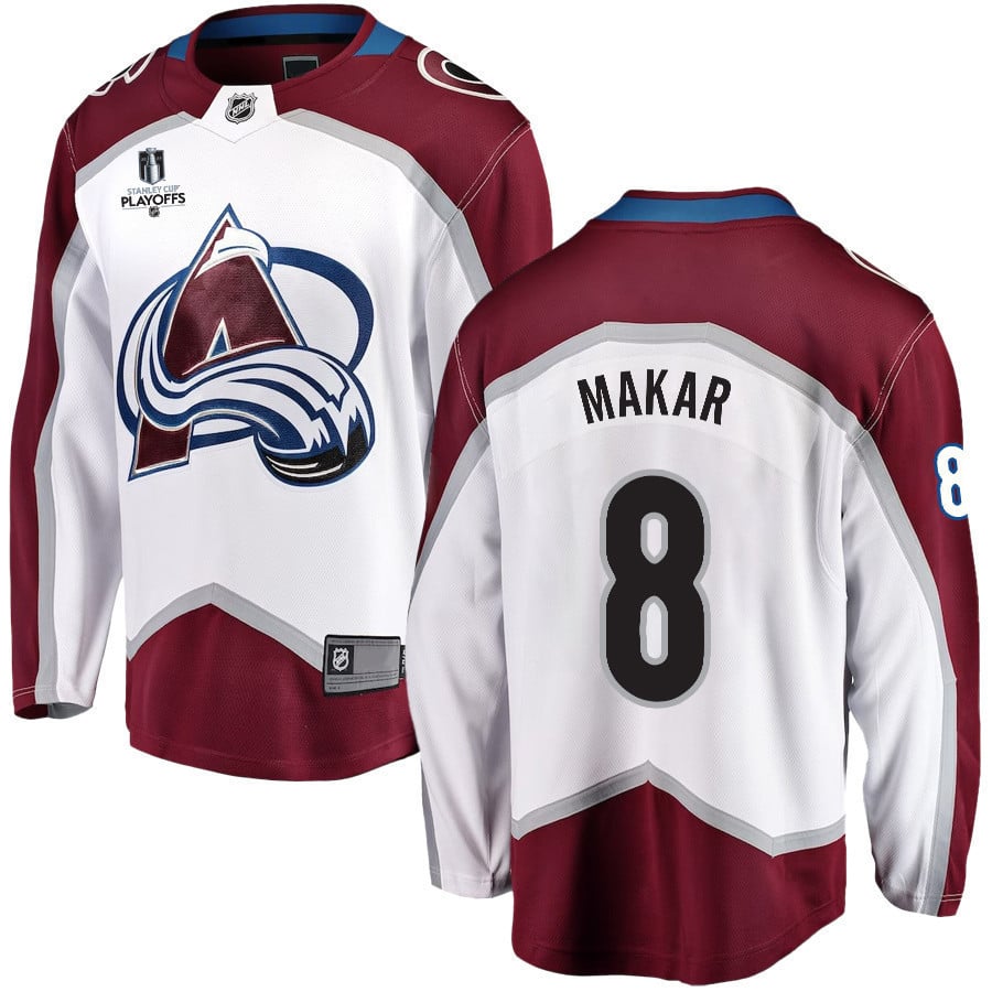 Cale Makar 8 Colorado Avalanche Stanley Cup 2023 Playoffs Patch Away Breakaway Men Jersey – White