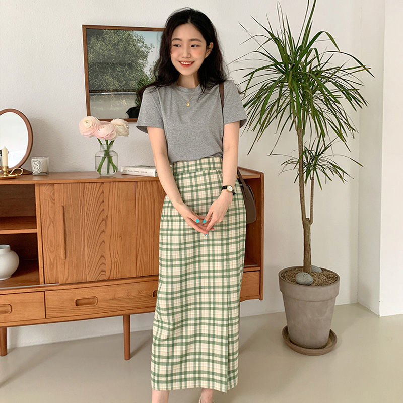 2021 Spring/Summer Retro Korean Design High Waist Skirt Mid-length Split Plaid A-line Skirt Set alx