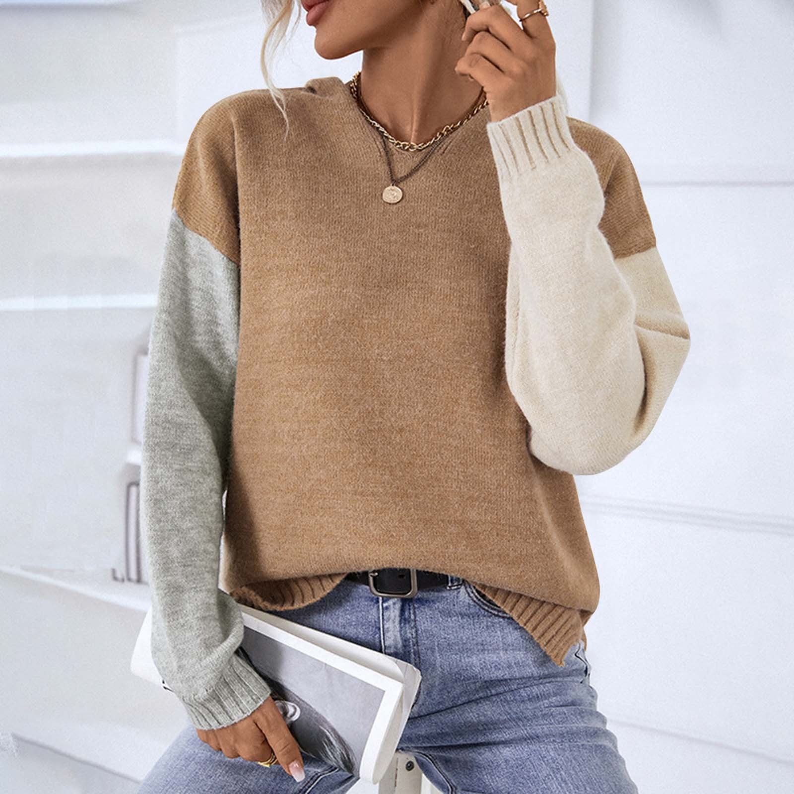 Women Fashion Loose Colorblock Long Sleeve Sweater Pullovers Autum Winter Clothing Knitwear V-Neck Sweater Knitted Tops jumper alx