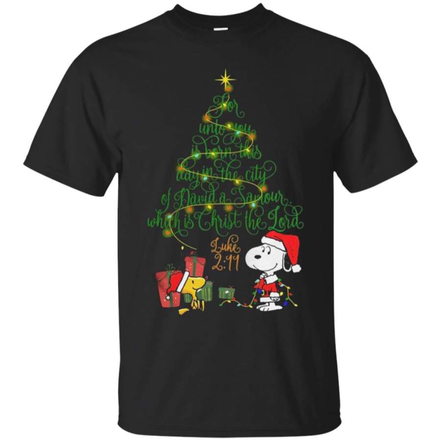 Snoopy Woodstock Christmas tree for unto you is born this day T Shirt ...