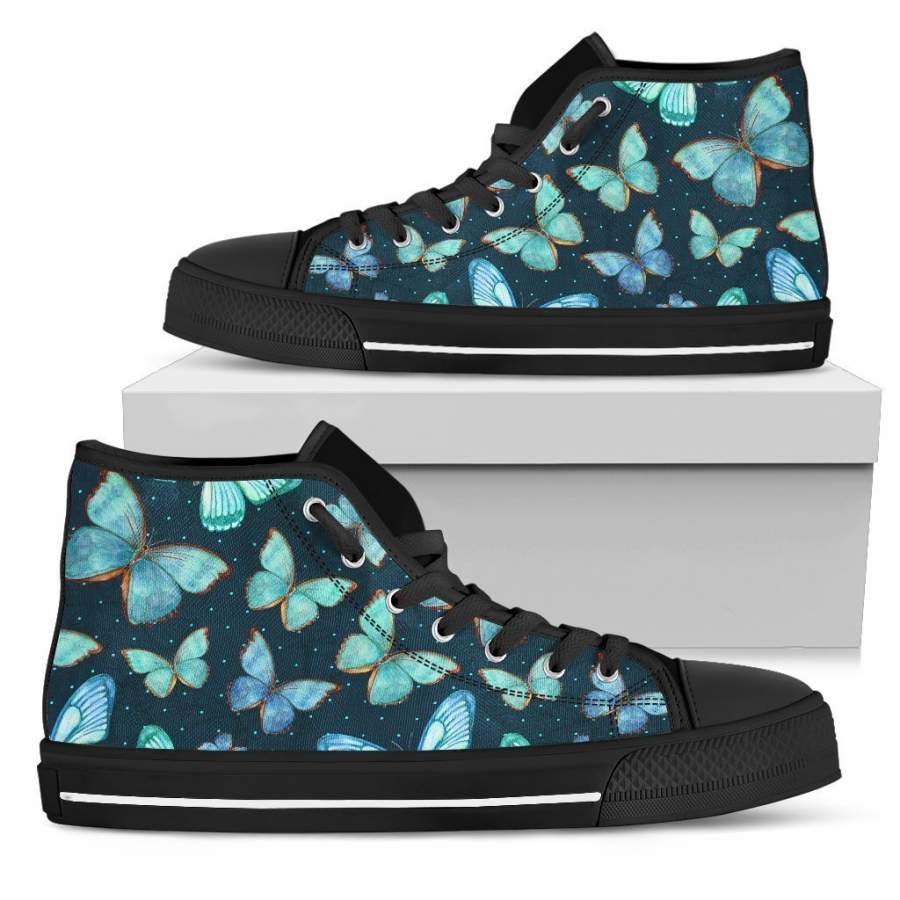 Watercolor Blue Butterfly Pattern Print Men’s High Top Shoes