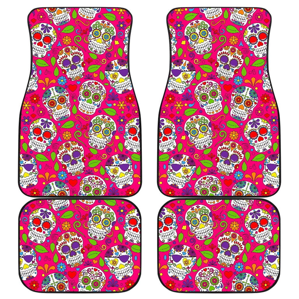 Pink Sugar Skull Pattern Print Front And Back Car Floor Mats, Front Car Mat