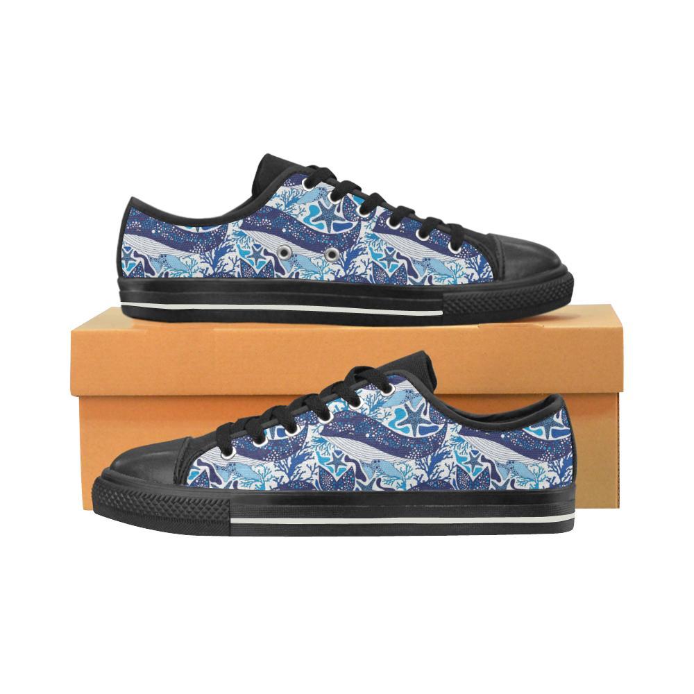 Whale Starfish Pattern Kid’S Low Top Canvas Shoes Black