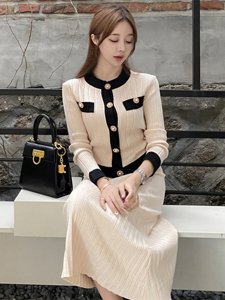 Chic Office Ladies Single Breasted Pearl Buttons Cardigan Sweater+Pleated Long Skirt Suit 2020 Autumn Winter Knitted 2 Piece Set alx