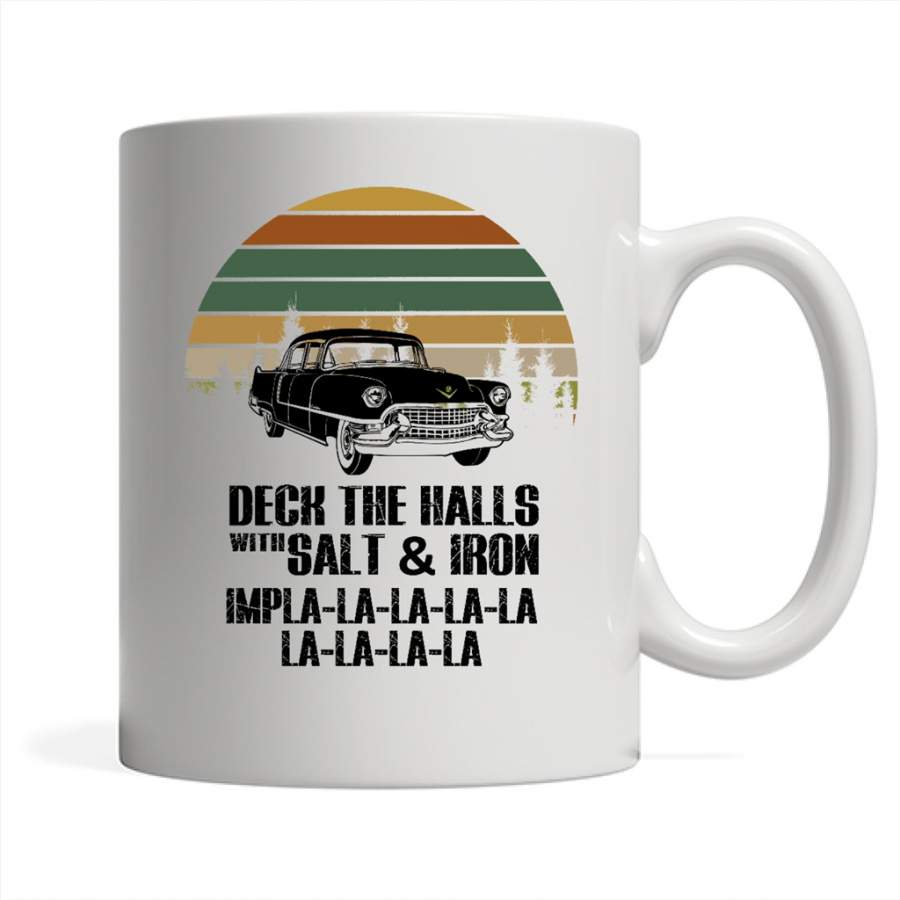 Deck The Halls With Salt & Iron Impla la la la, Retro Vintage – Full-Wrap Coffee White Mug