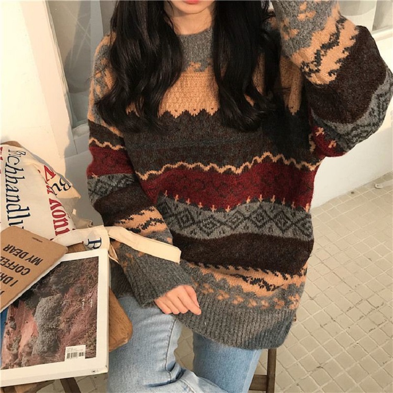 Vintage Sweaters Striped Jumpers Women Pullover Winter Korean Style Loose Knitwear Casual Femme Pull Oversized Goth Sweater alx