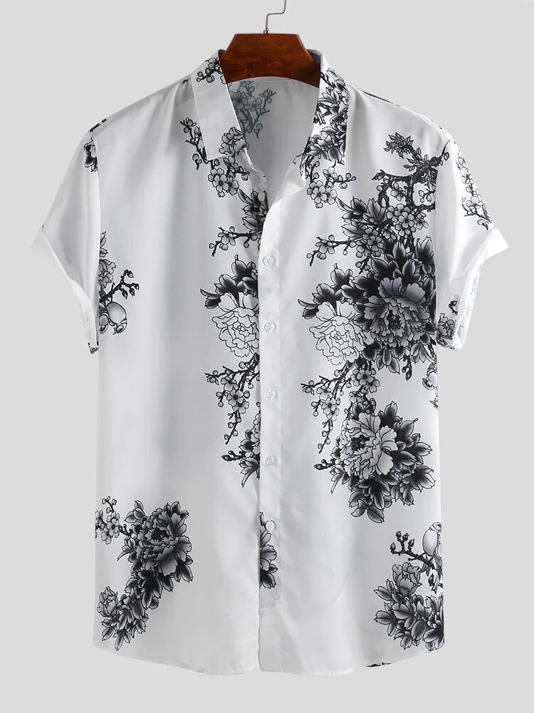 Men’S Plum Flower Printed Short Sleeve Shirt