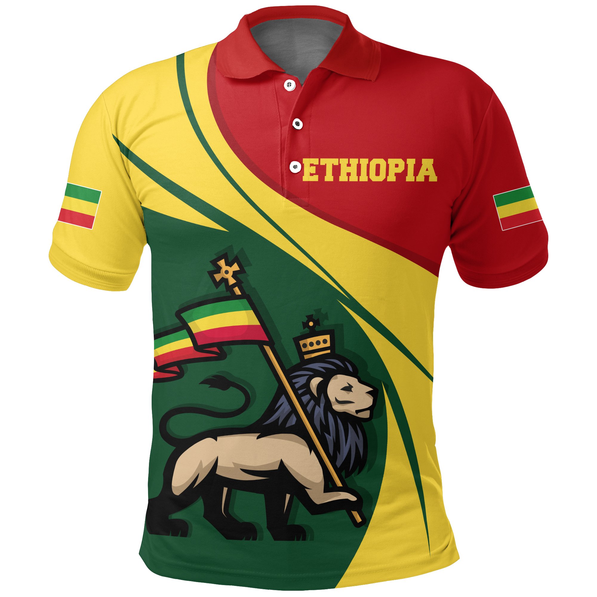 1stTheWorld Ethiopia Polo Shirt, Ethiopia Flag Lion Rastafari A10