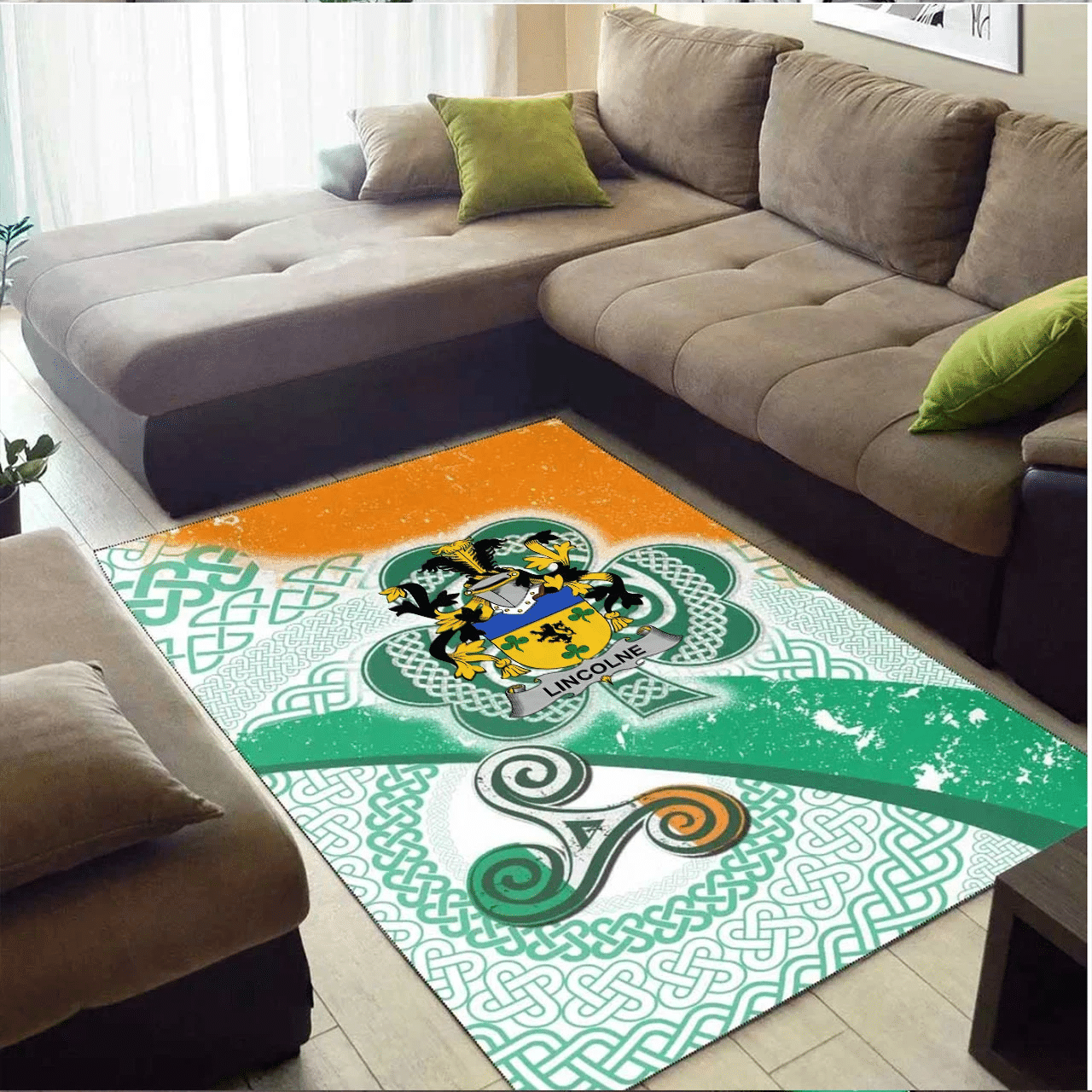 Themazicc Ireland Area Rug – Lincolne Family Crest Area Rug – Ireland Shamrock With Celtic Patterns A7