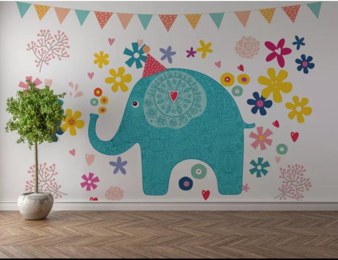 3D Cartoon Blue Elephant Wall Mural Wallpaper 25