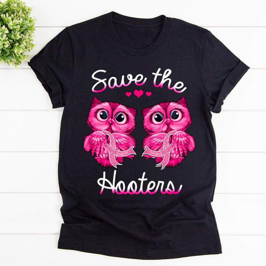 Breast cancer couple owl pink save the hooters heart black cotton t shirt for men and women S-6XL
