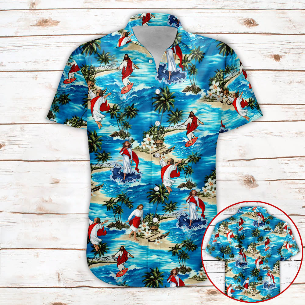 Funny Jesus Surfing And Playing On The Beach Jesus Christ Tropical Beach Pattern All Over Print Shirts 3D Hawaii Shirt For Men And Women Kl97 Phts