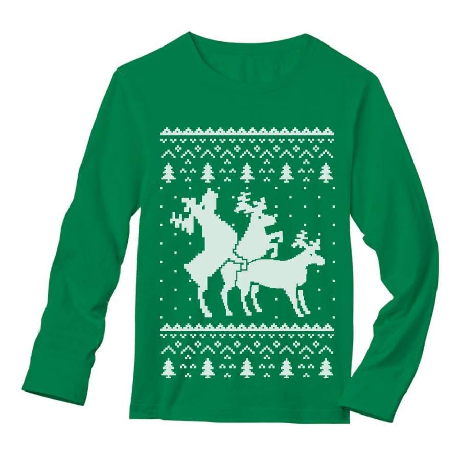 Ugly Christmas Party Sweater Humping Reindeer Threesom Long Sleeve T-Shirt