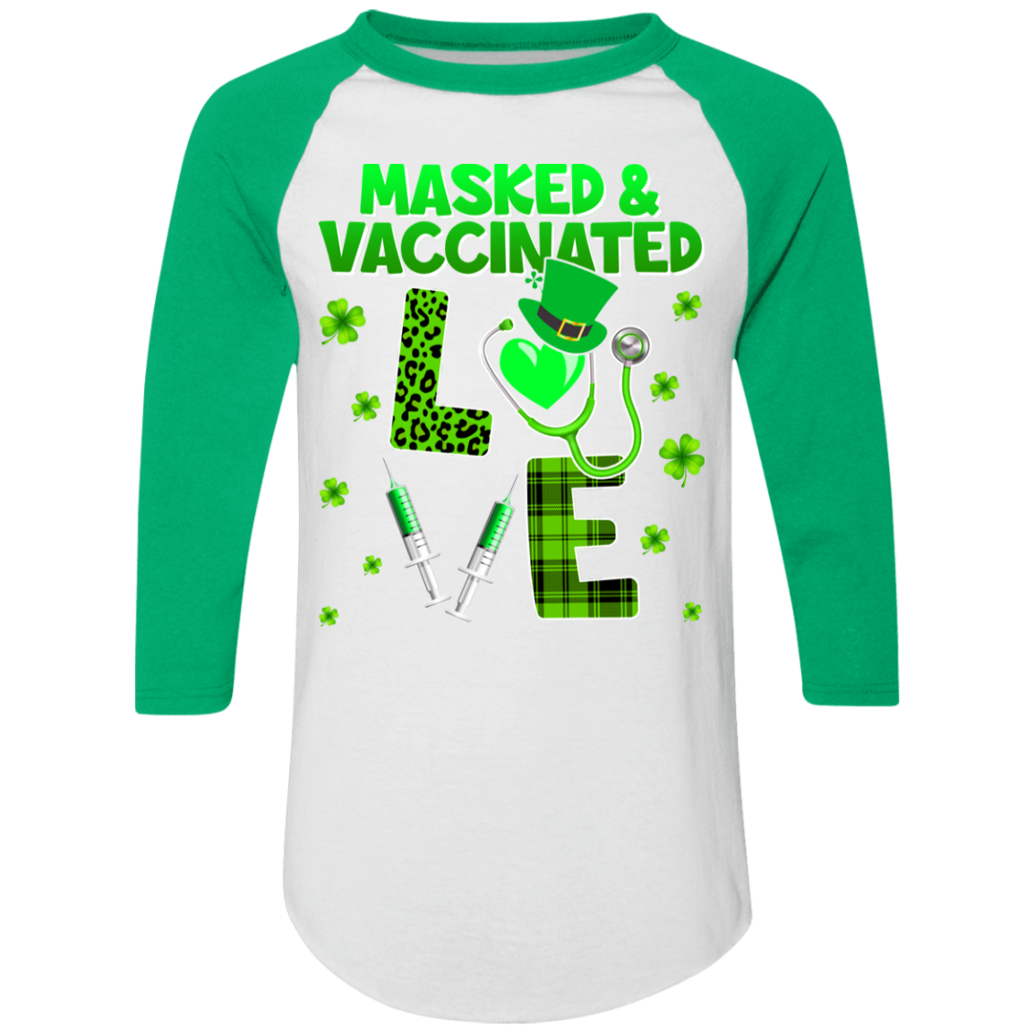 St Patrick’S Day Nurse Shirt Masked Vaccinated Love Funny St Patrick’S Day Leopard Plaid Nurse Life Healthcare Gifts Raglan Jersey