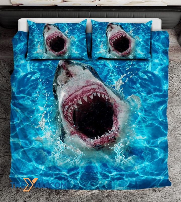 Angry Shark In The Ocean Set Comforter Duvet Cover With Two Pillowcase Bedding Set