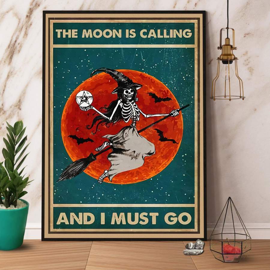Skeleton witch Halloween the moon is calling and I must go paper poster no frame/ wrapped canvas wall decor full size