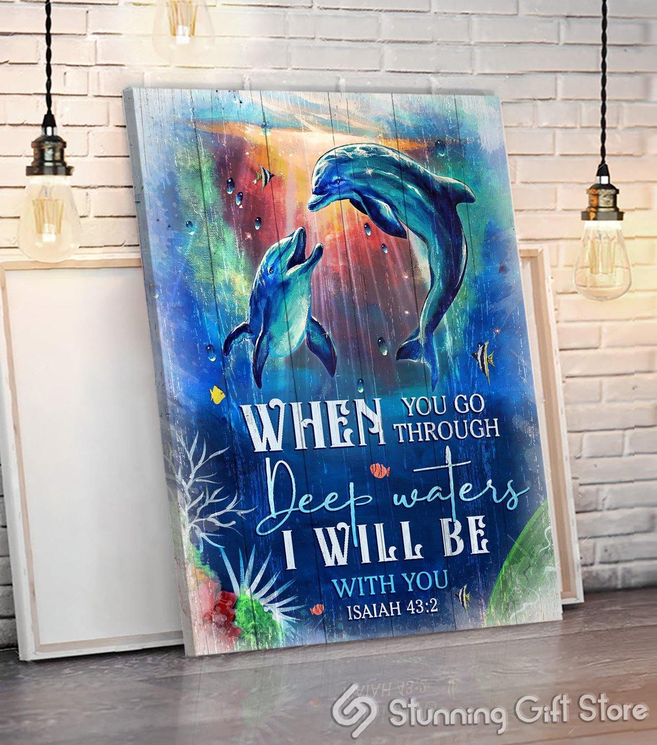 Christian Wall Art Undersea Dolphin When You Go Through Deep Waters Canvas For Married Couple