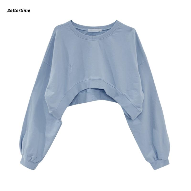 Women Long Sleeve Cropped Crop Top Hoodies Sweatshirt Causal Loose Pullover Tops alx