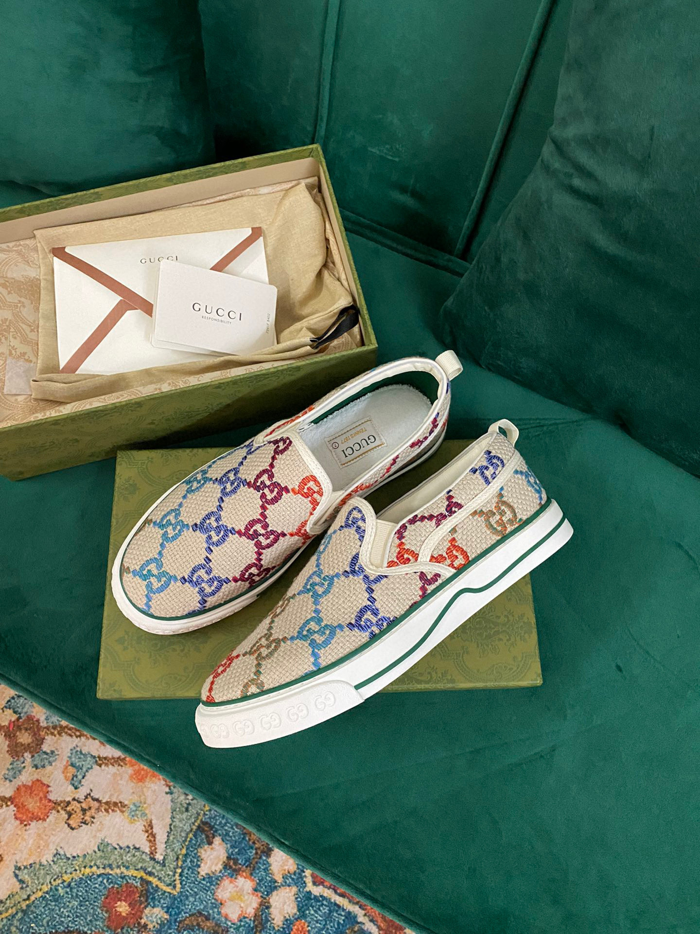 Gucci Tennis 1977 Slip-on Sneakers GG Logo White Multi, Men SNK429385455