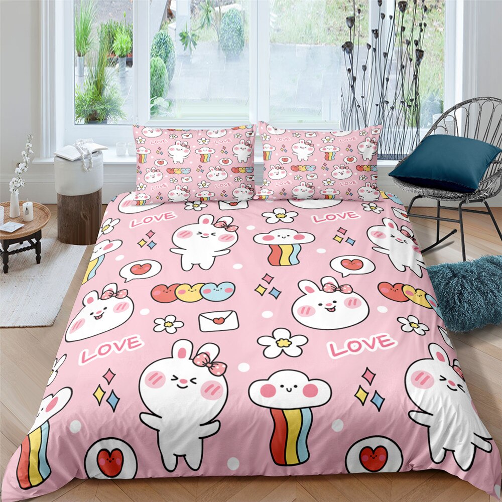 Cartoon Cute Rabbit King Bedding Set Full Twin Bed Cover 90/135/150 Beds No Sheets 240×220 Duvet Cover Set Girl Kids Teens Gifts