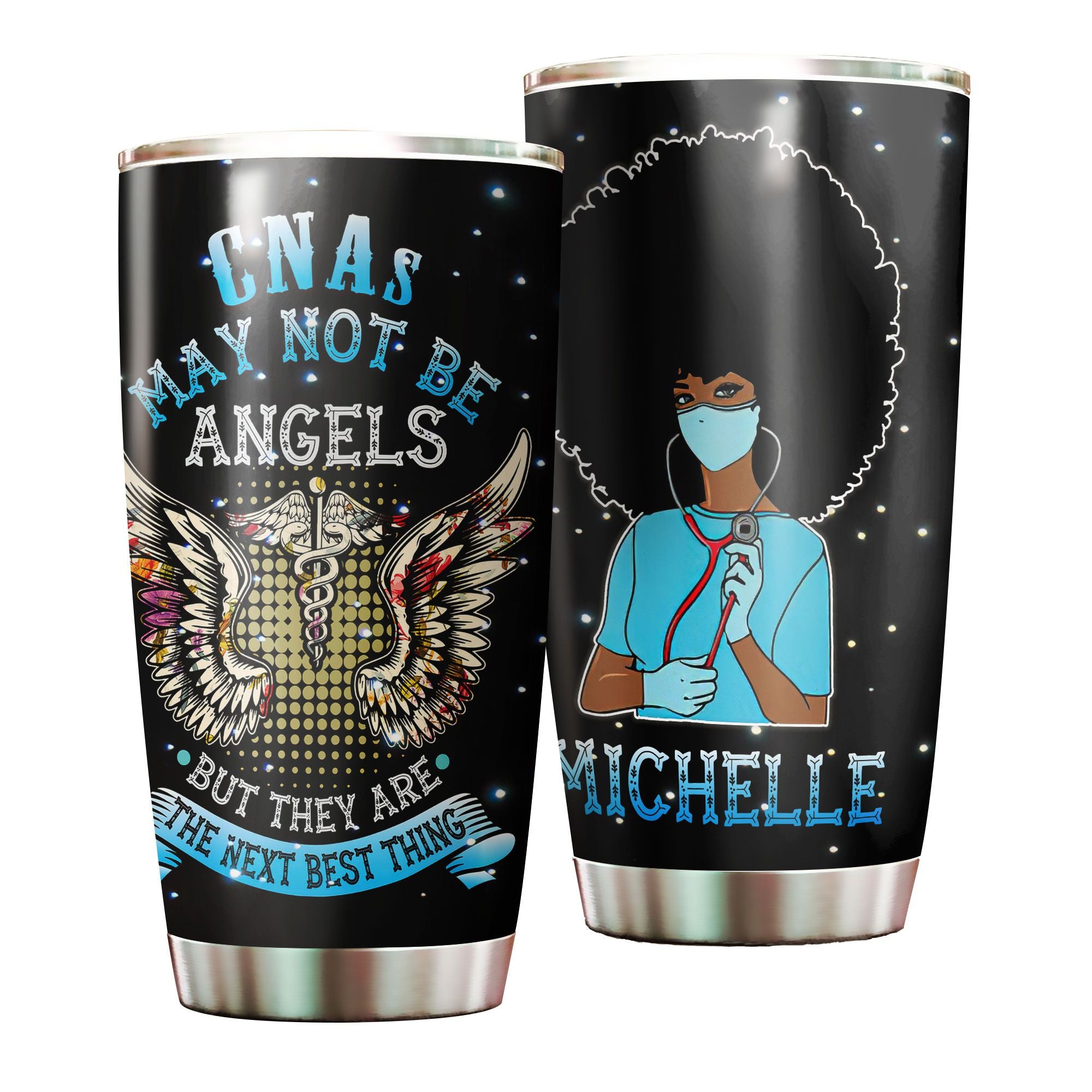 Personalized Black Nurse Cna May Not Be Angel Stainless Steel Tumbler – Double-Walled Insulation Vacumm Flask – Gift For Black Queen, International Women’S Day, Hippie Girls