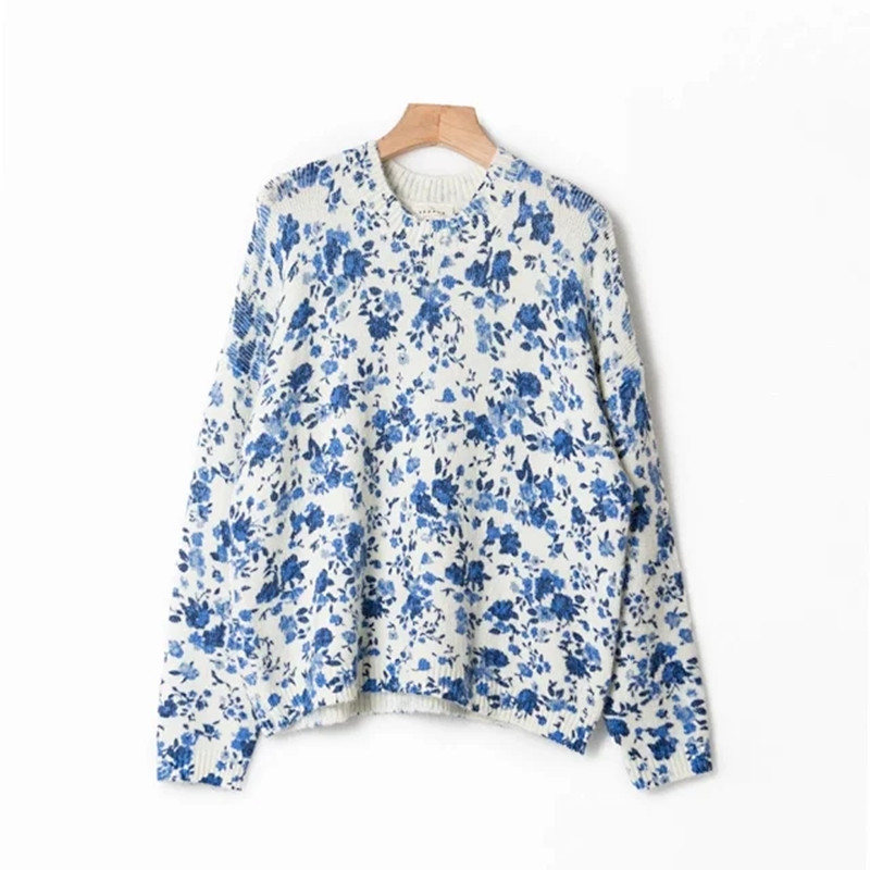 Women Blue Pink Floral Sweet Sweater Wool and Mohair Soft O-neck Long Sleeve Female 2021 New Autumn Winter Chic Knit Pullover alx