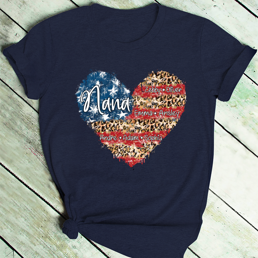 Personalized American Flag Nana Heart Leopard T-Shirt