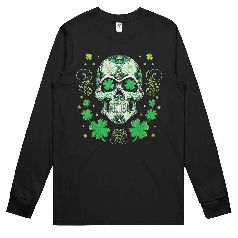 Sugar Skull Shamrock With Leopard Turban St. Patrick’S Day Long Sleeve T Shirts