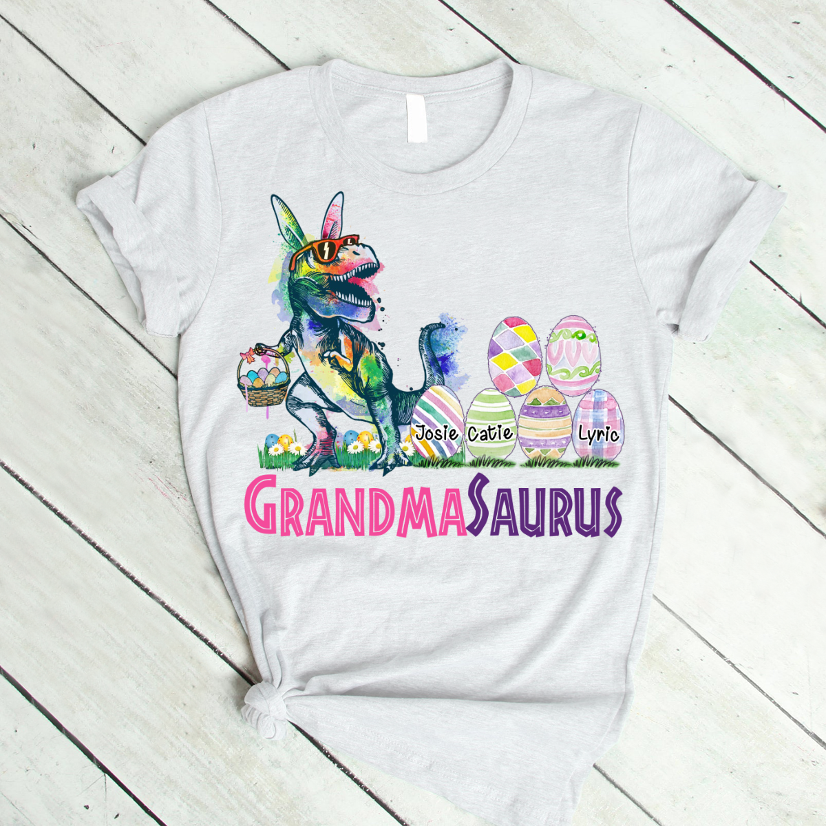 Personalized Grandma With Grandkids Saurus Easter T-Shirt