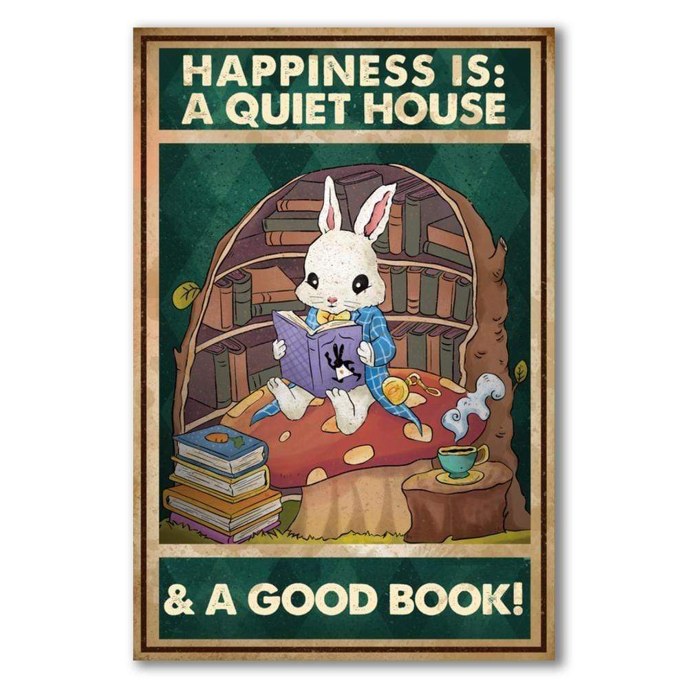 Bunny Easter Day Happiness Is A Quiet House And A Good Book Canvas Prints Poster Print, Wall Art Canvas, Poster Canvas Wall Decor