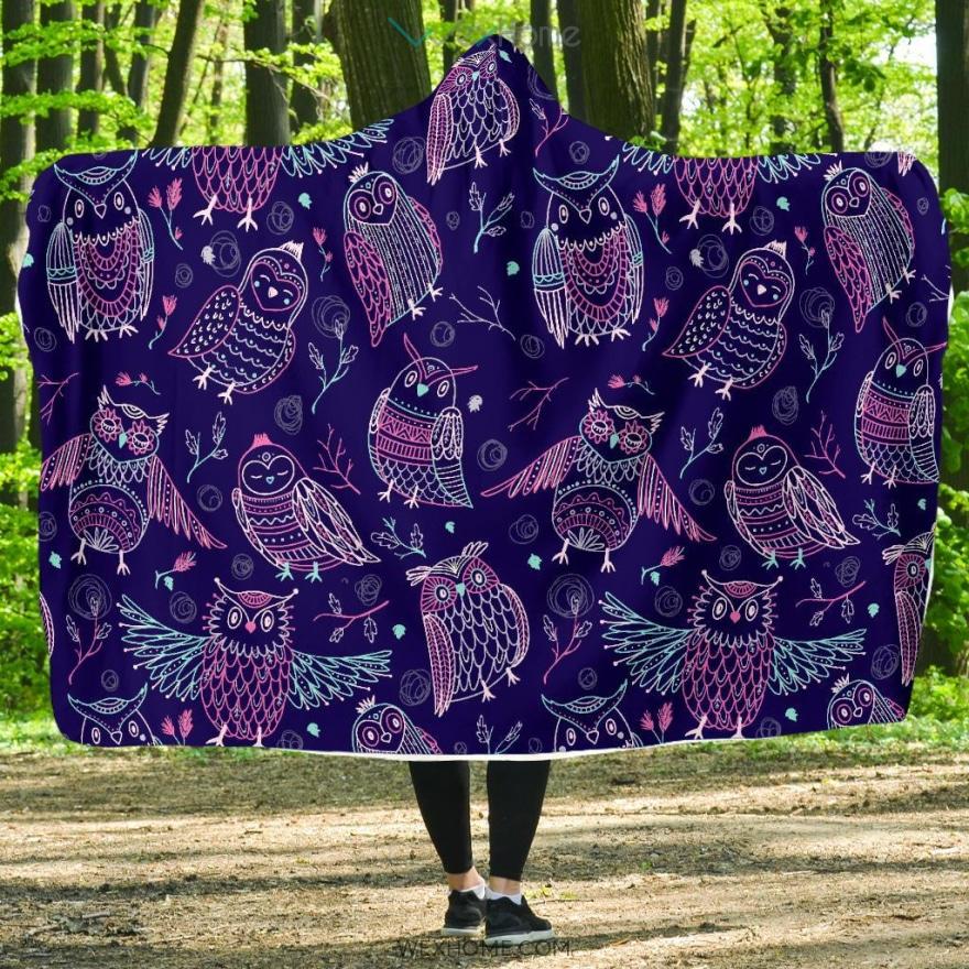 Cute Owls Pattern Boho Style Ornament Hooded Blanket