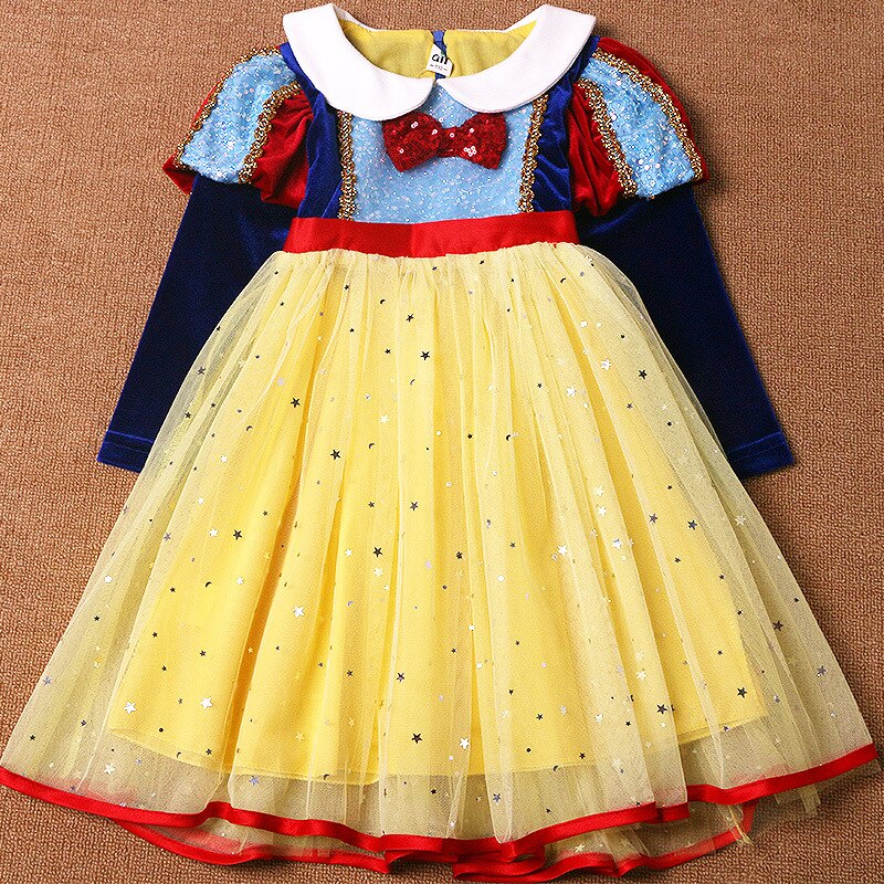 Autumn Winter Baby Girls Snow White Long-Sleeved Dress Children’s Clothing Halloween Bow Sweet Mesh Tutu Dresses For 3-10Y New alx